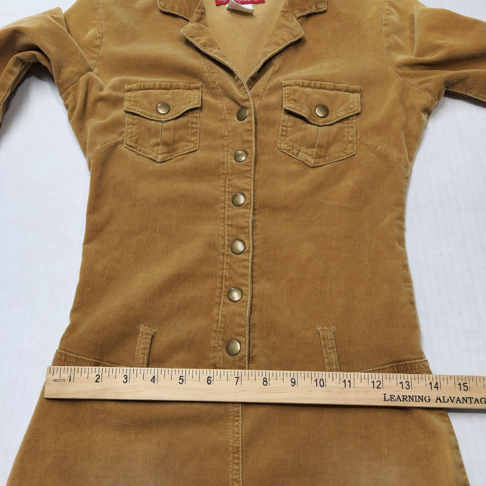 Womens Corduroy Shirt Dress S Tan Stretch Utility Y2K Style Button Front Vintage - Picture 8 of 15